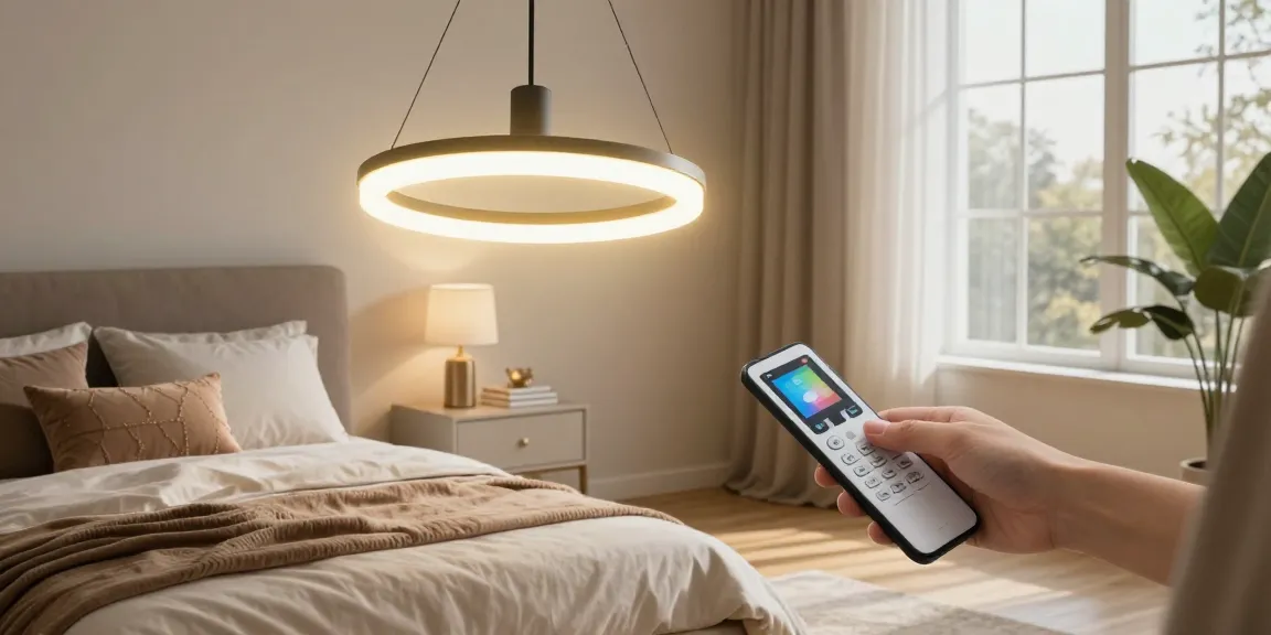 Lustra dormitor elegantă cu control telecomandă în decor modern.