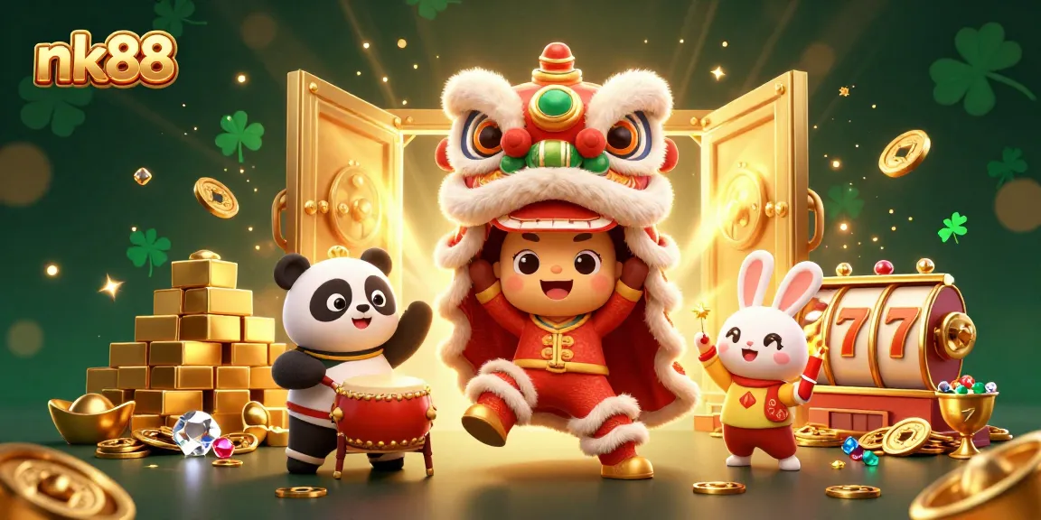 Engage in thrilling slot action with nk88's vibrant casino celebration featuring dazzling treasures and characters.