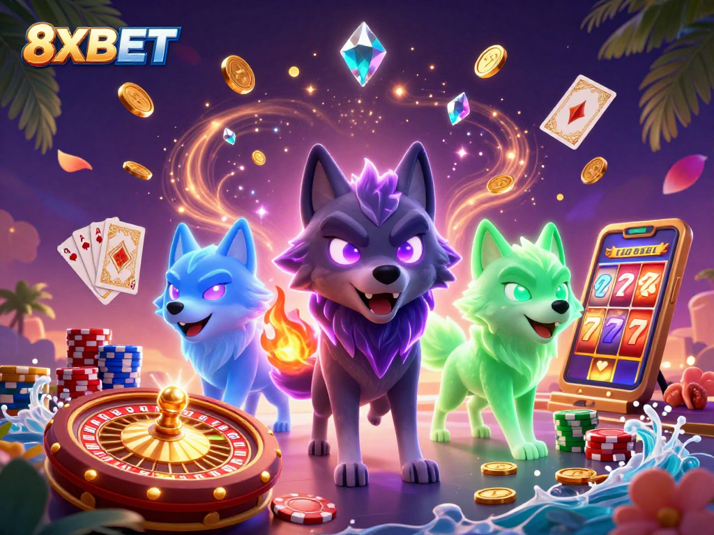 Experience 8XBET with animated wolves and casino games in an ultra-detailed illustration.