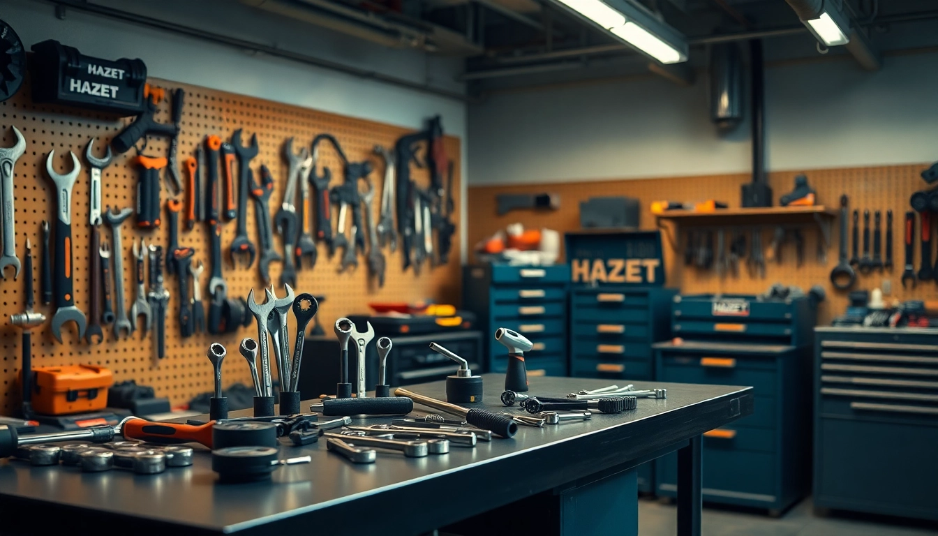 HAZET tools arranged in a professional workshop setting, showcasing precision and craftsmanship.