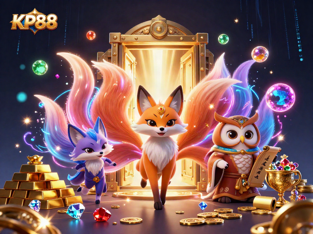 Experience KP88's magical realm with vibrant fox spirits, treasures, and casino magic.