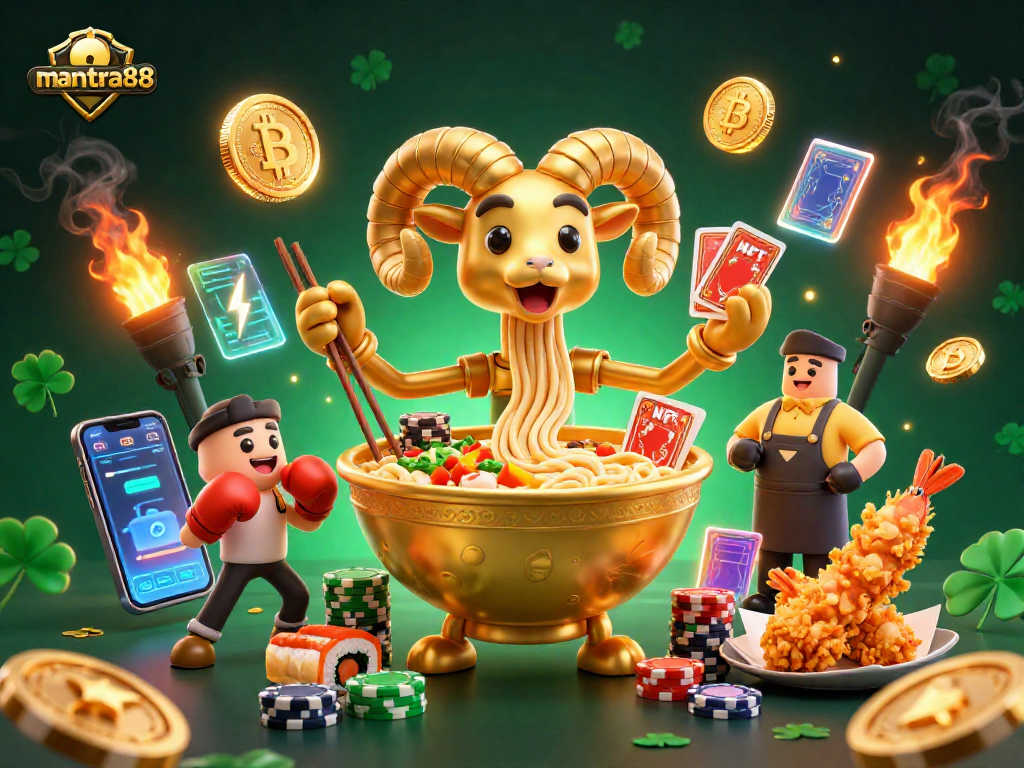Experience mantra88's exciting gambling world with a vibrant 3D illustration showcasing dynamic characters and engaging casino elements.