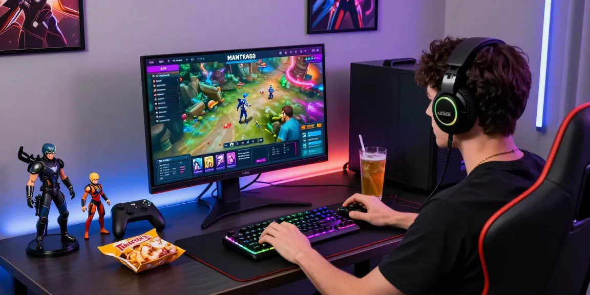Engaged gamer enjoying games on MANTRA88 platform with vibrant interface and accessories.