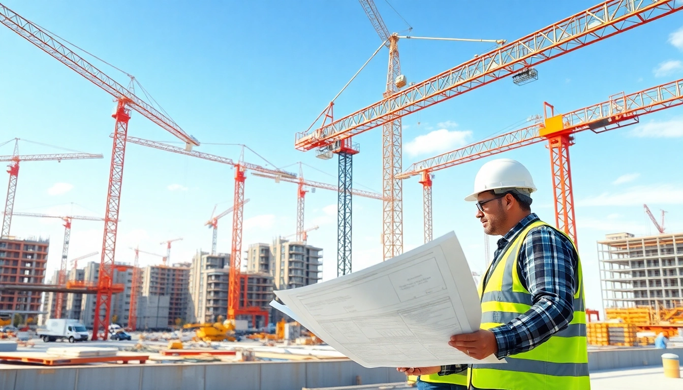 New Jersey Construction Manager leading a team on a construction site, reviewing plans and overseeing progress.