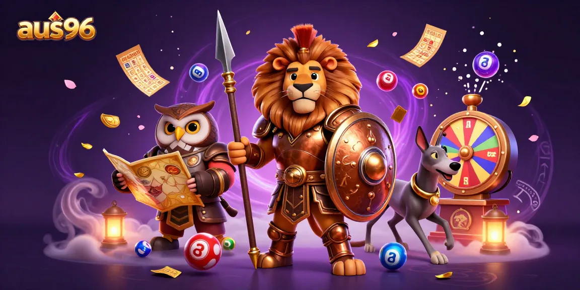 Experience the excitement of aus96 with a colorful casino scene featuring a Spartan lion, owl, and greyhound.
