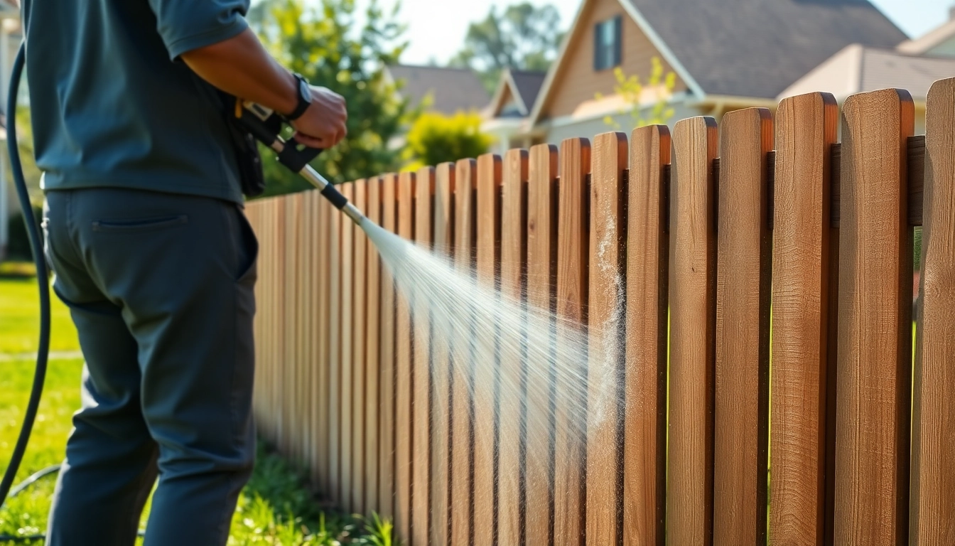 Fence Cleaning service technician using soft wash on a wooden fence to enhance cleanliness.