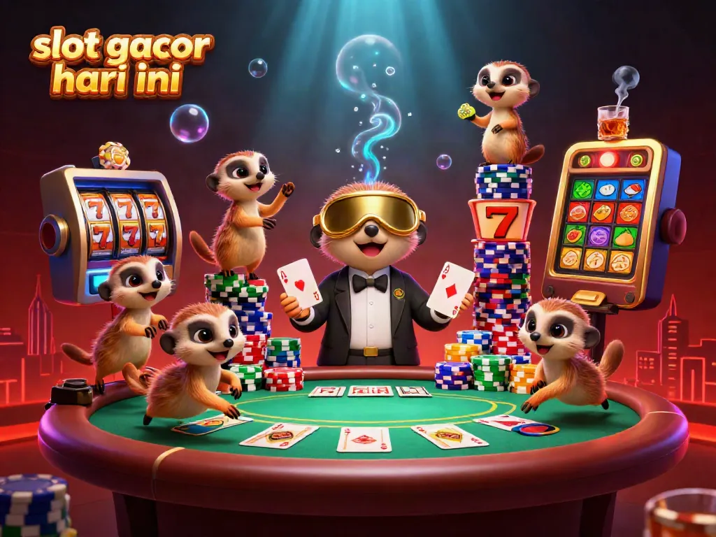 Experience the excitement of slot gacor hari ini with a whimsical meerkat casino illustration filled with vibrant gaming elements.