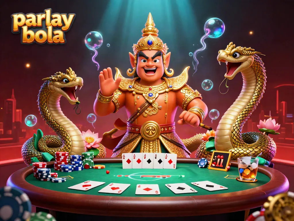 Engage with parlay bola betting strategies in a vibrant 3D illustration of a temple guardian surrounded by poker elements.