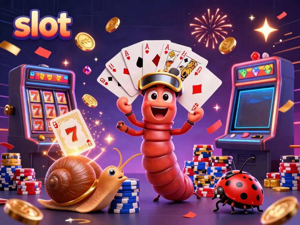 Exciting slot machine scene with a cartoon millipede dealer holding cards, lucky 7s, and vibrant casino elements.