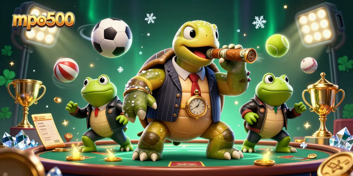 Engage with mpo500's immersive casino scene featuring a massive turtle in a mobster suit, surrounded by sports elements.