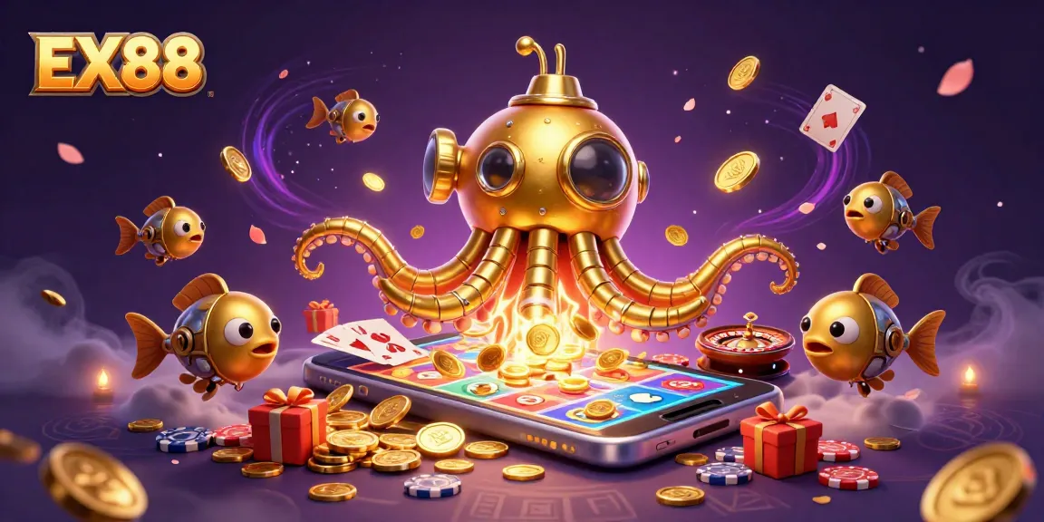 Experience exciting gameplay with EX88's vibrant casino visuals, including golden kraken and slot games.