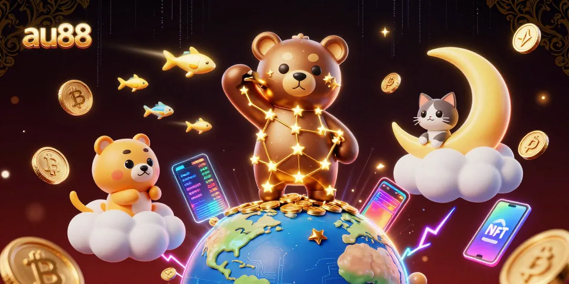 Win big with au88 in an electrifying casino scene filled with coins, stars, and crypto.