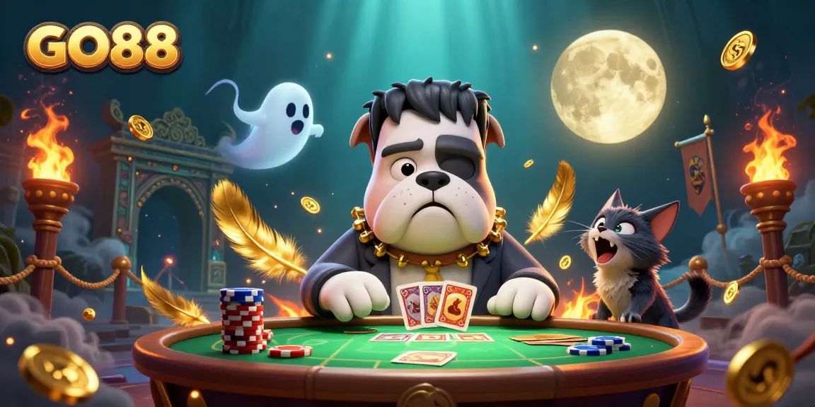 Engage with GO88 at a lively casino scene with fun characters and gaming elements.