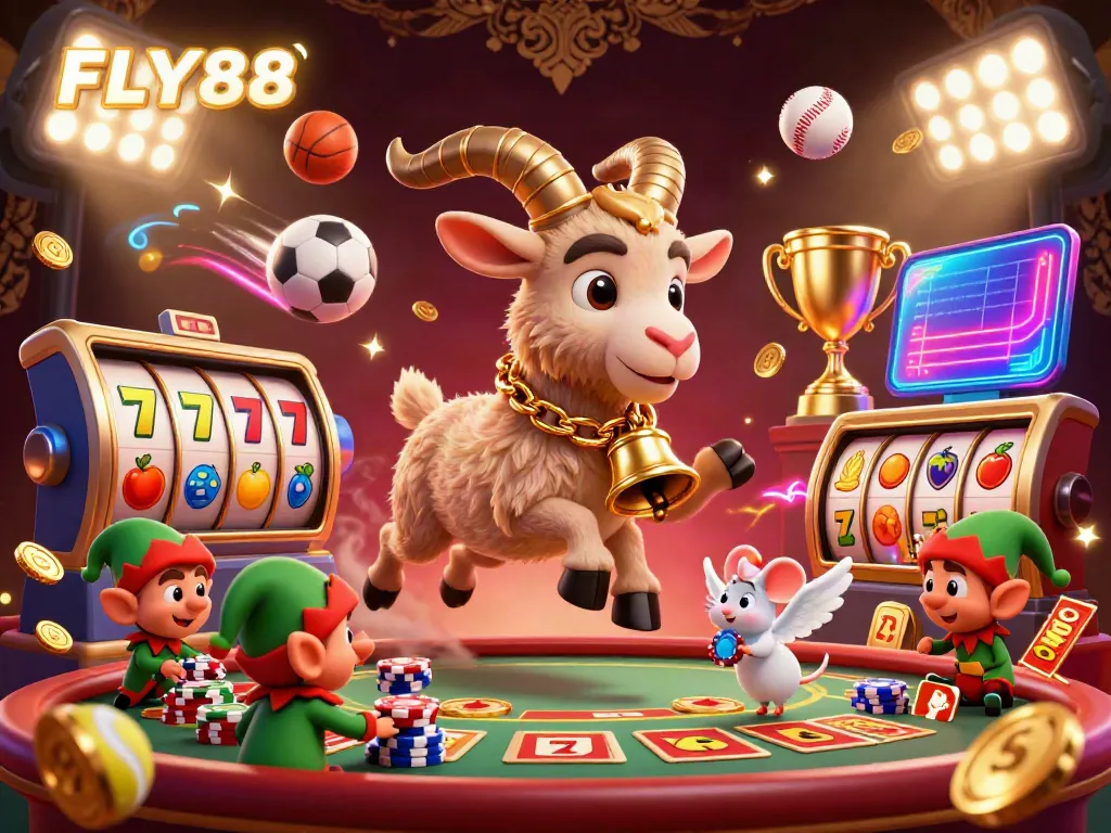 FLY88 showcases an enchanting casino scene with Krampus, a tiny angel mouse, and mischievous gremlins amid vibrant gaming elements.