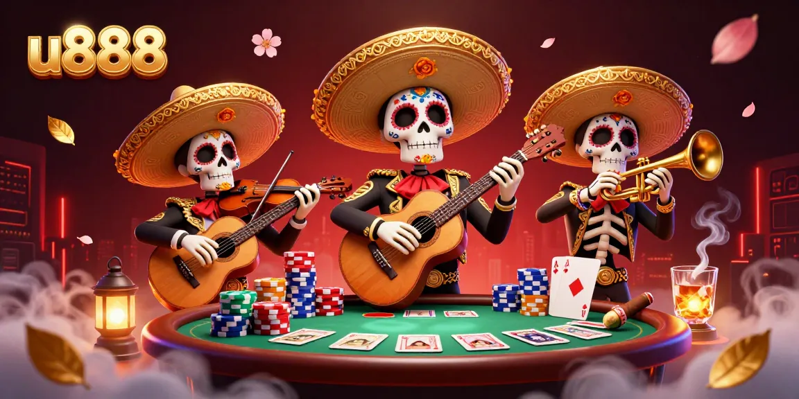 Experience thrilling poker action with u888 as colorful skeleton musicians enliven the scene.