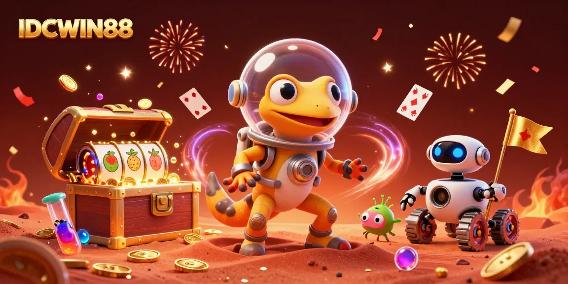 Experience thrilling wins at IDCWIN88 with a 3D illustration of a Martian gecko discovering a casino.