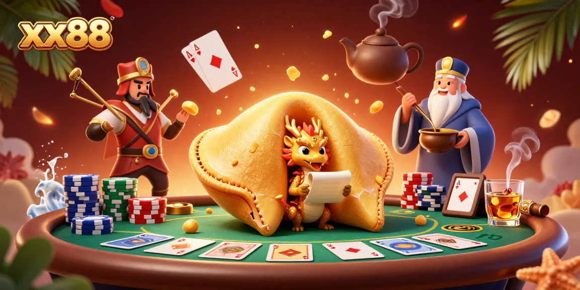 Join the excitement at xx88 with a golden fortune cookie and wise dragon in a vibrant casino scene.