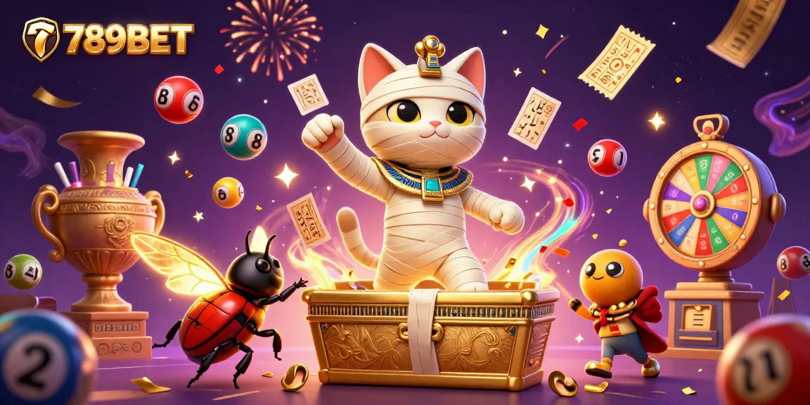Experience excitement with 789BET in a vibrant casino scene featuring a mummy cat and dynamic lottery elements.