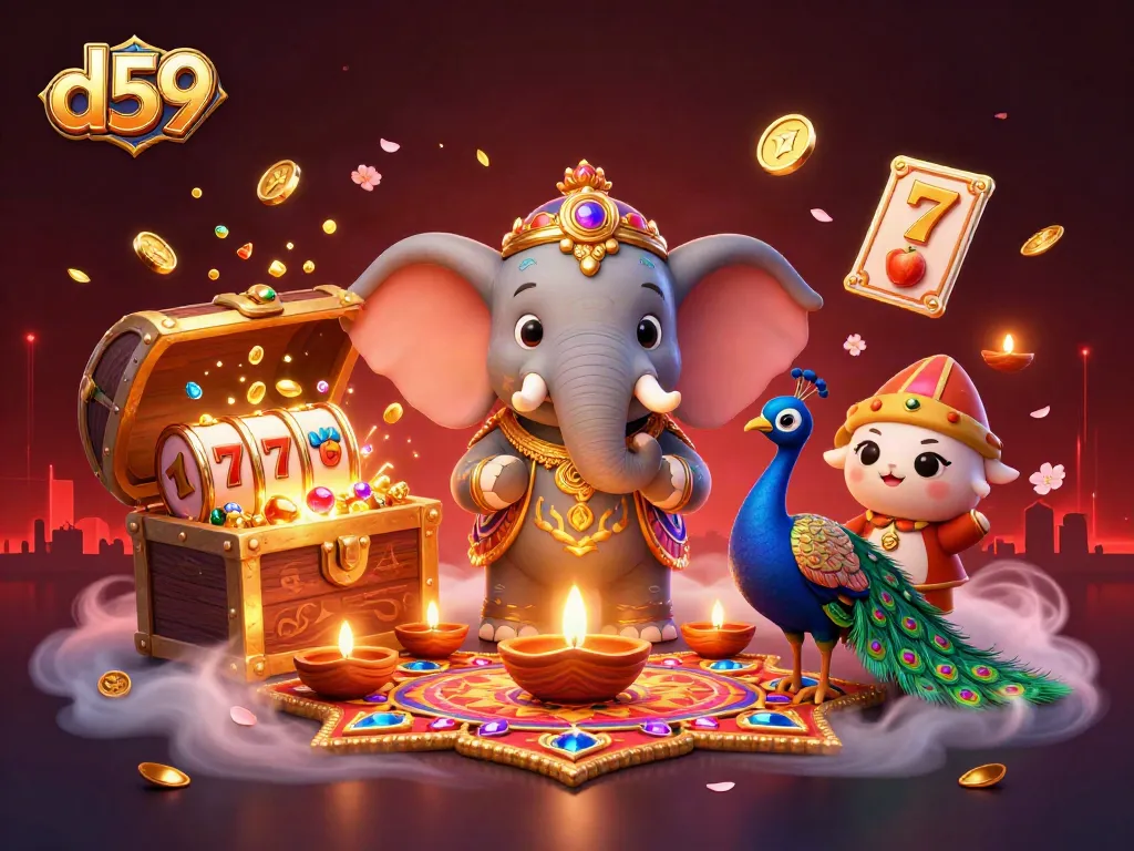 D59 slot gaming experience featuring a colorful elephant and peacock amidst a treasure explosion.