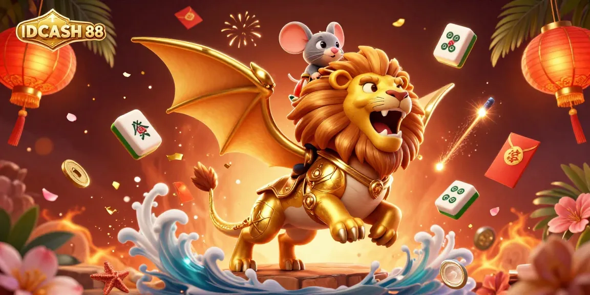 Experience thrilling gameplay with IDCASH88's casino adventures featuring a golden chimera and lucky charms.