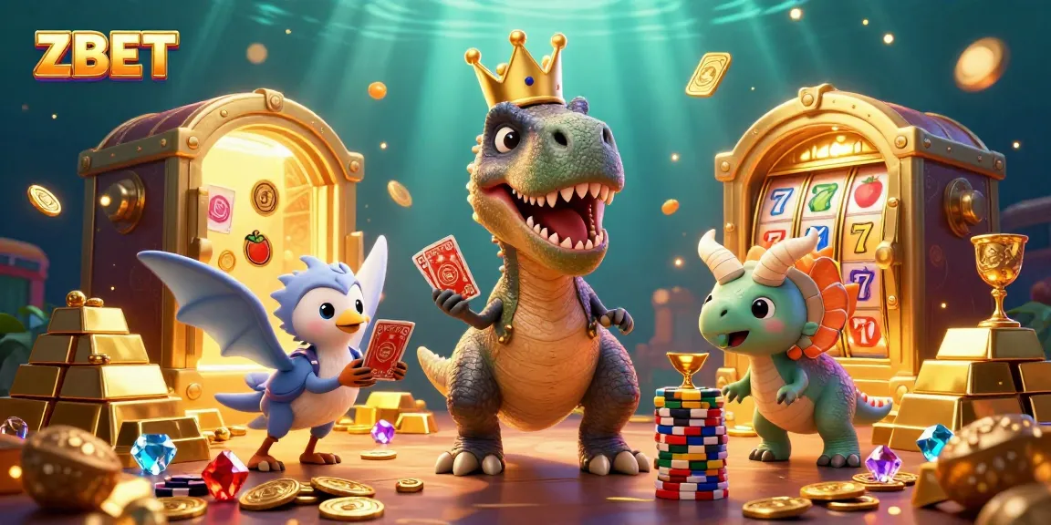 ZBET showcases a whimsical scene where a dinosaur and friends enjoy slots and treasures in a lively casino setting.