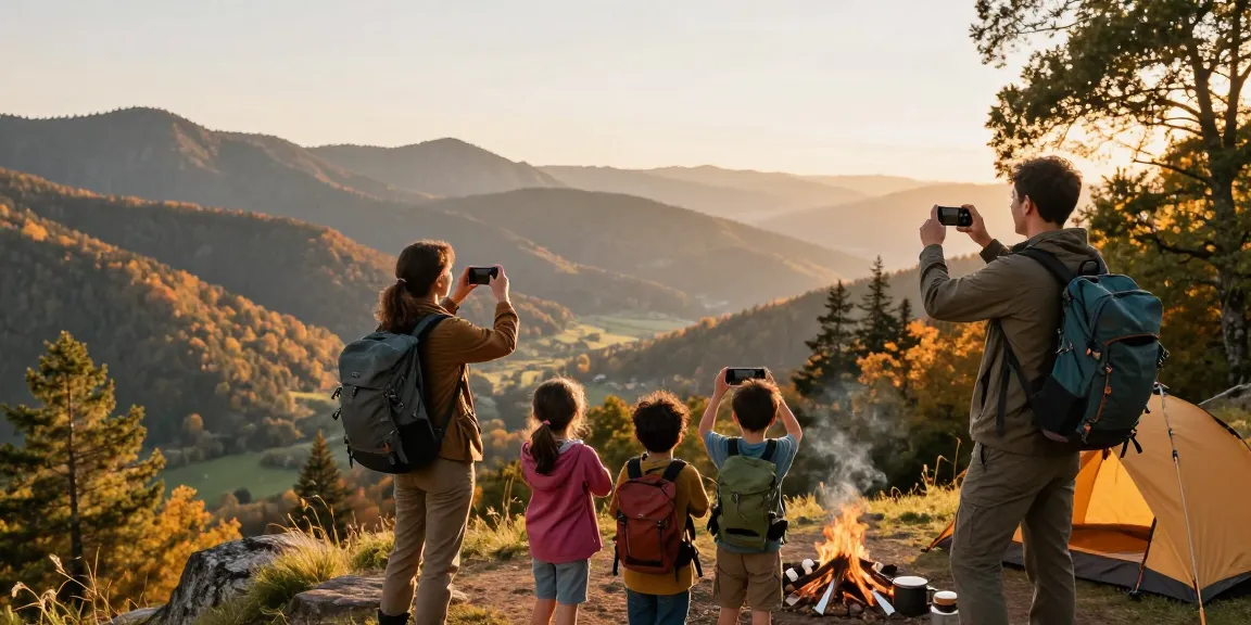 Family adventure at a mountain view, enjoying mantra88 hiking experience during sunset.
