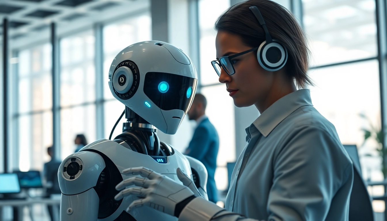 Ai Bots assisting in collaborative office tasks amidst a modern tech environment