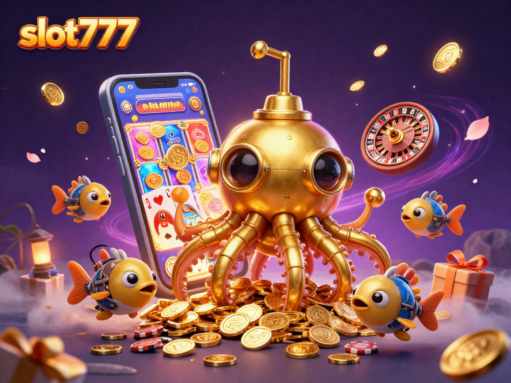 Experience exciting gameplay with slot777, featuring a golden kraken submarine and vibrant game elements.