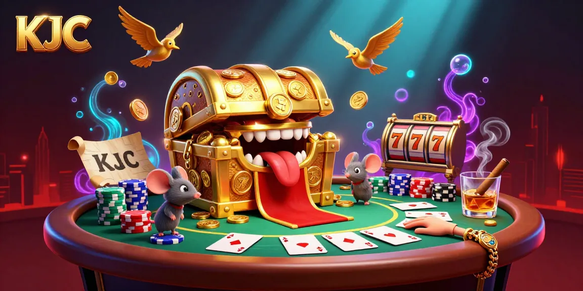 KJC presents an exciting scene where adventurer mice are lured by a golden treasure chest in a vibrant casino setting.