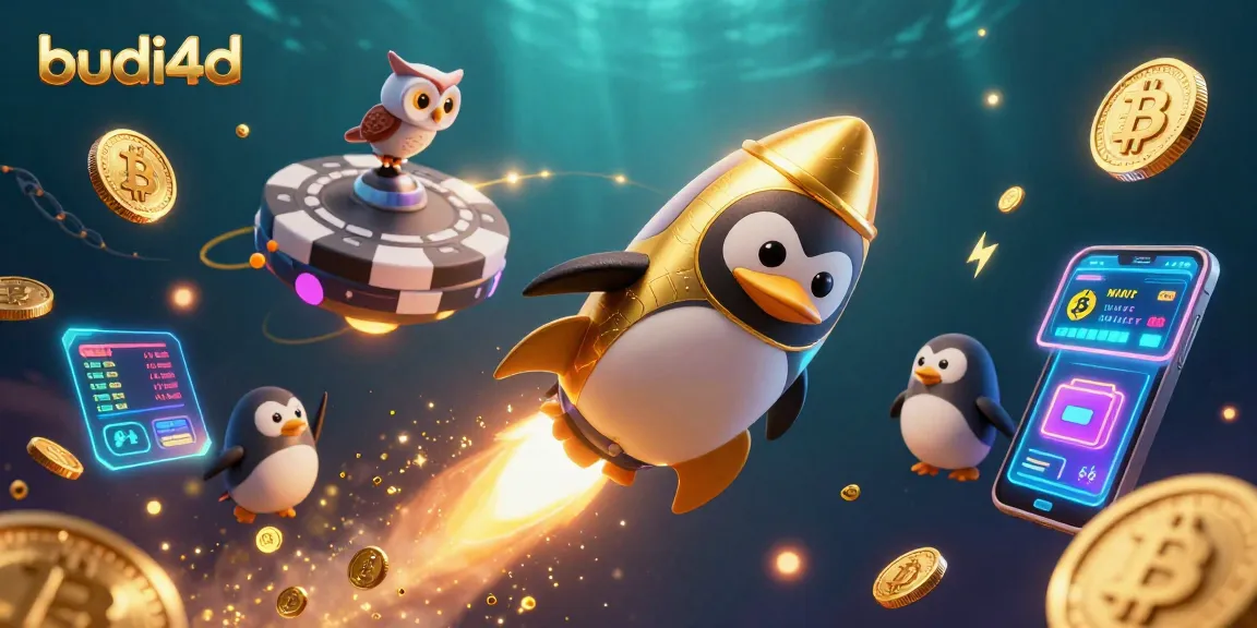 Budi4d invites players to excel in slots with a golden penguin racing towards fortunes.