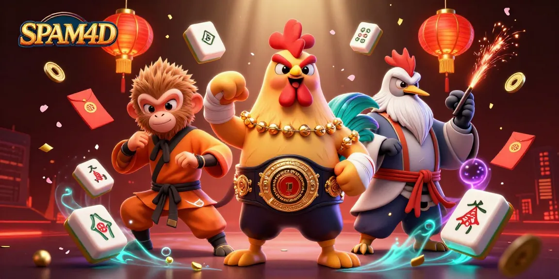 SPAM4D menampilkan ilustrasi 3D kanvas kartun dengan karakter ayam Muay Thai, monyet Shaolin, dan burung bangau memainkan permainan Mahjong di latar mewah.
