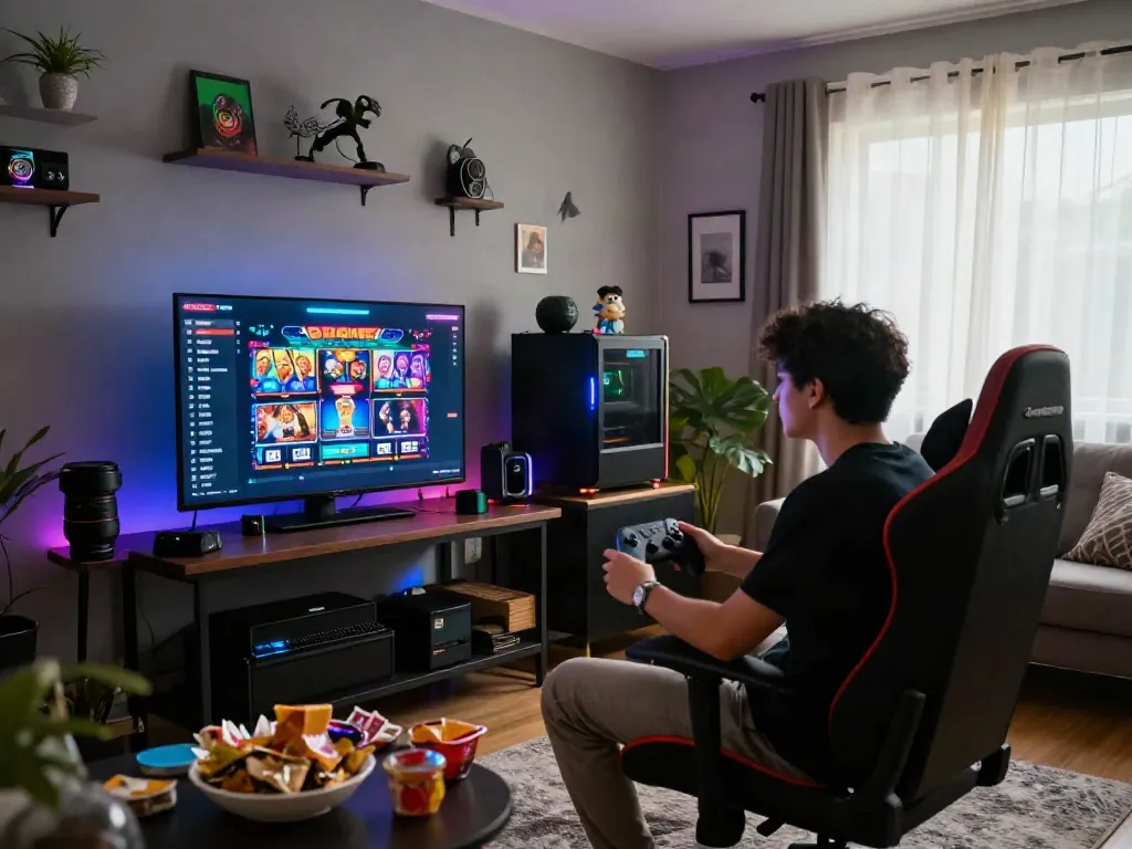 Exciting living room scene showcasing a player enjoying slot gacor games on a high-end console, vibrant lighting and gaming decor.