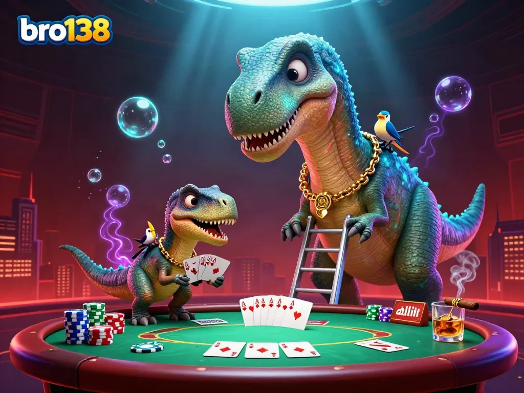 Experience the thrill of bro138 as a giant brontosaurus overlooks a colorful poker table in this vibrant casino scene.