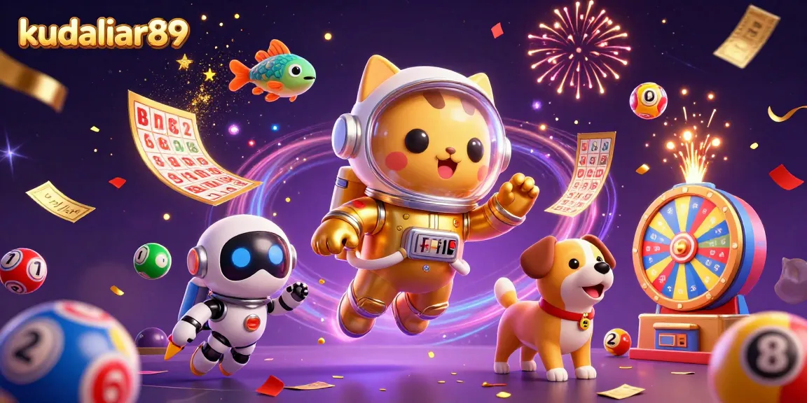 Win big with kudaliar89 in this vibrant 3D scene featuring a space astronaut cat and robot dog among colorful lottery elements.