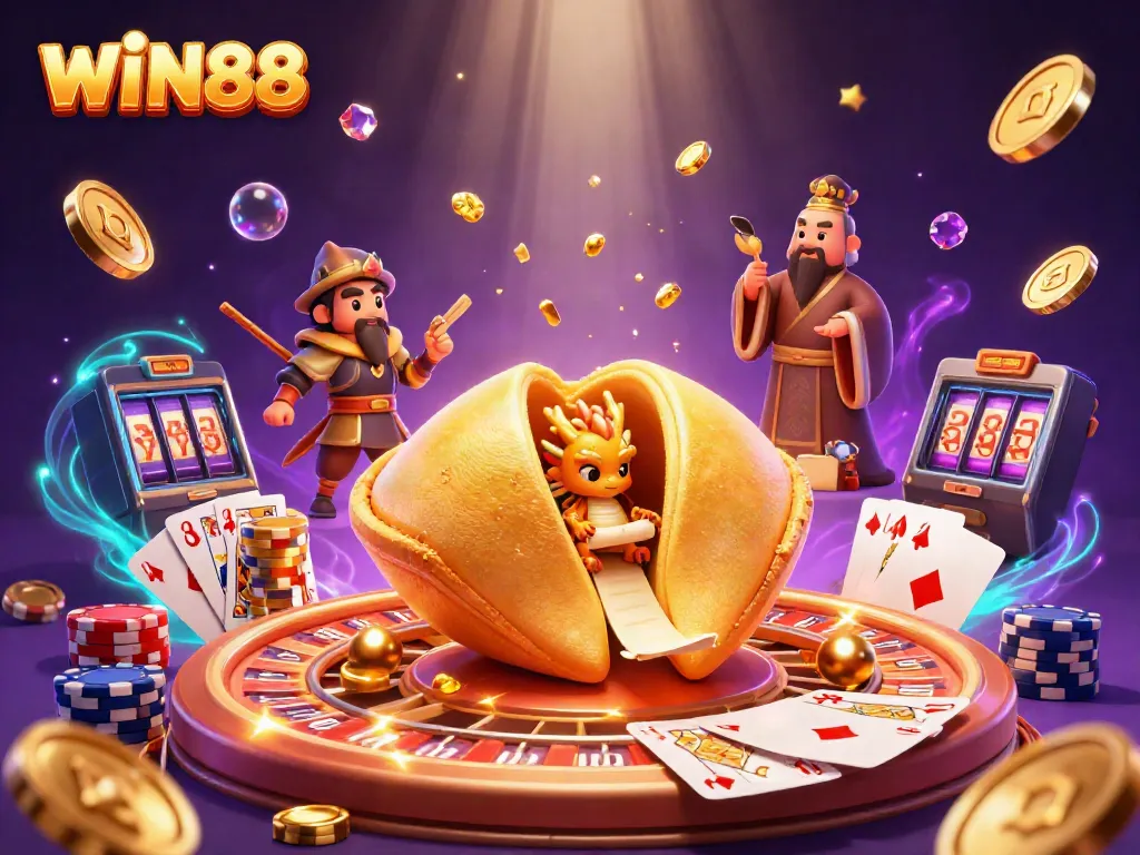 Experience thrilling wins with WIN88 in this vibrant casino-themed 3D visual of fortune and fun.