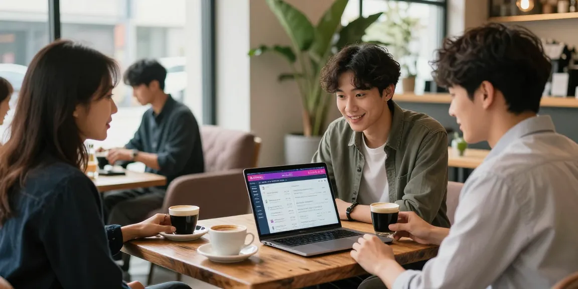 Engaging discussion about 오피사이트 in a stylish urban café setting with professionals.