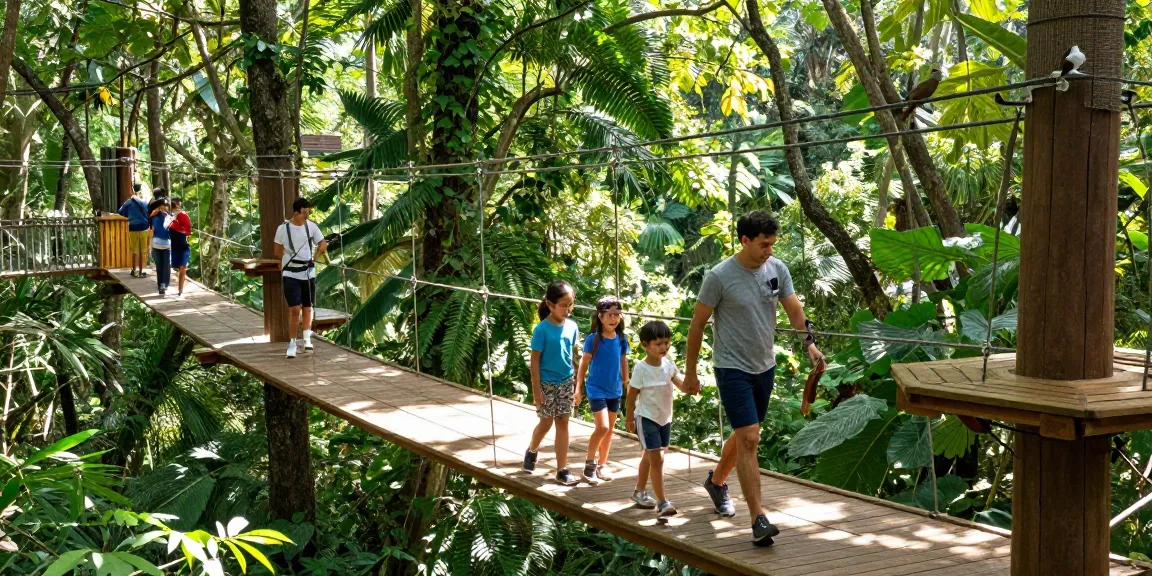 Treetop Walkway in a forest setting with families exploring the canopy trail above the lush greenery.