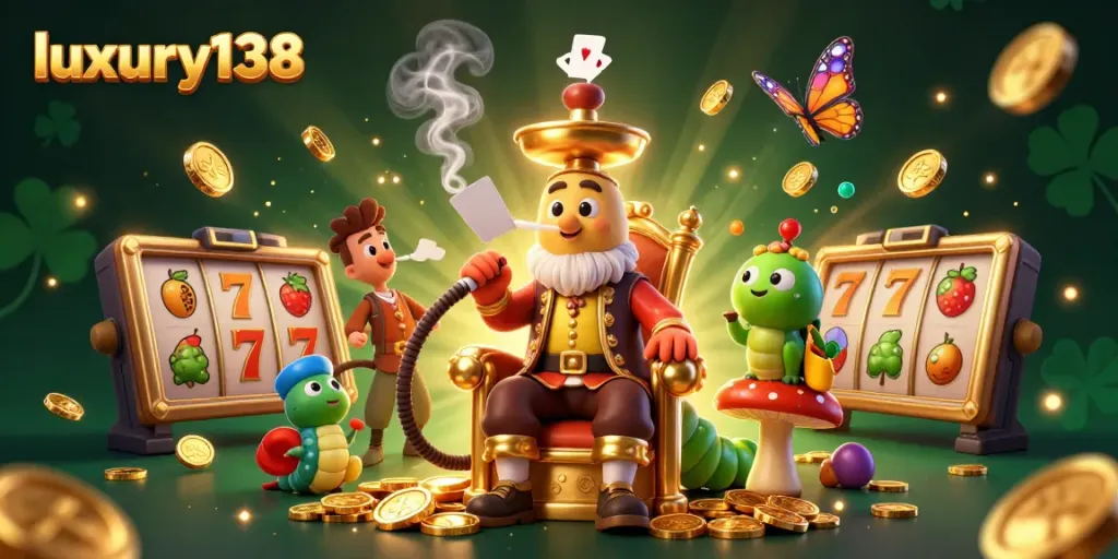 Experience luxury138 with vibrant slots and a mystical caterpillar master in a richly detailed 3D casino scene.
