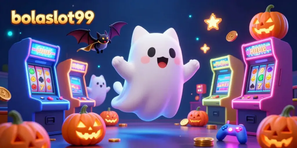 Play exciting slots with bolaslot99 featuring a ghost cat and a vampire bat in a vibrant casino.