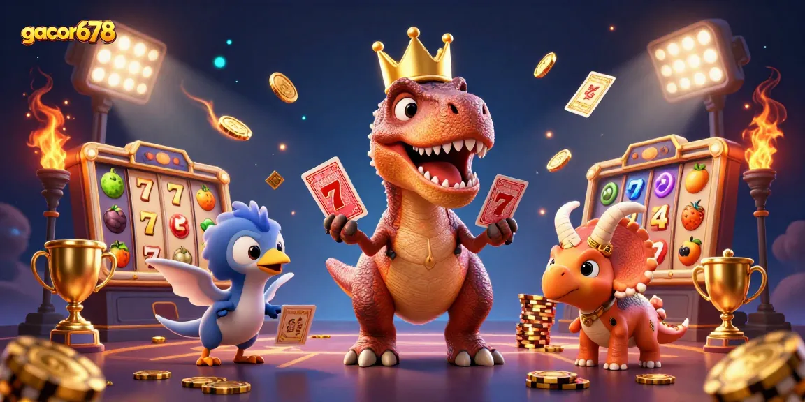 Experience winning slots with gacor678 in a fun 3D cartoon casino illustration packed with vibrant characters and elements.