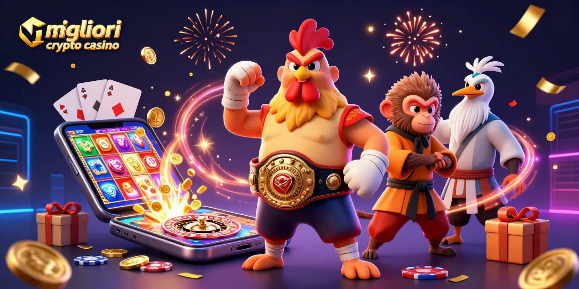 Gioca nei migliori crypto casino con un roosters, scimmia, e gru in un'illustrazione vivace.