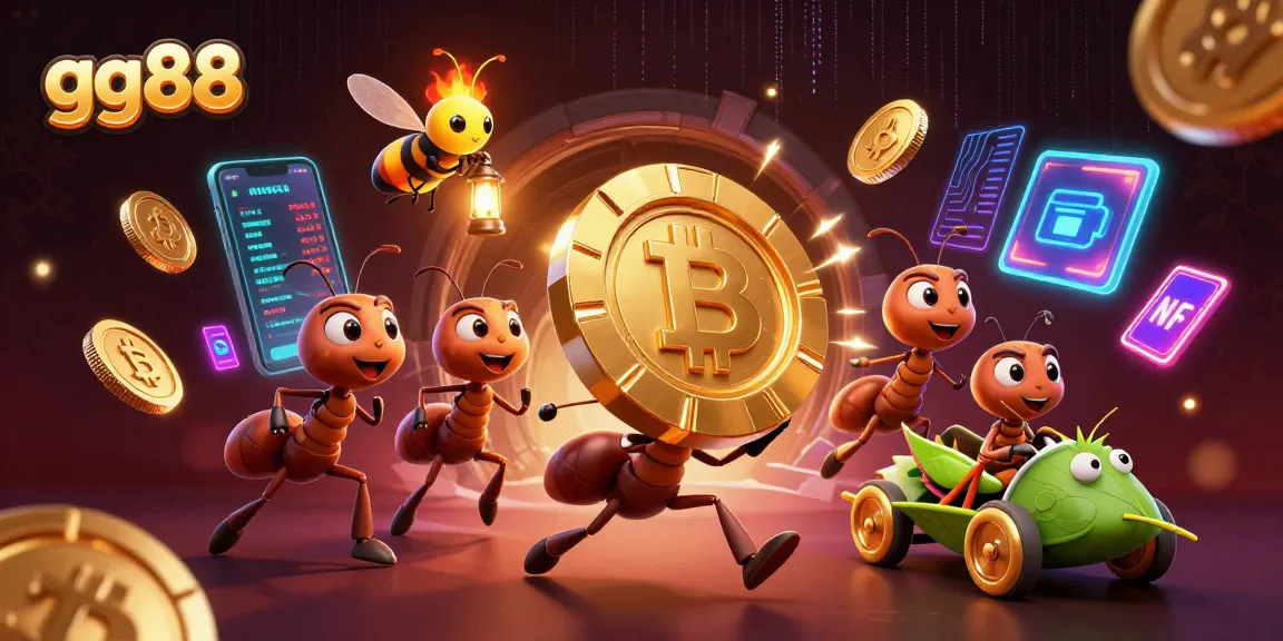 Experience thrilling gameplay at gg88 with cartoon heist ants, crypto coins, and vibrant casino elements.