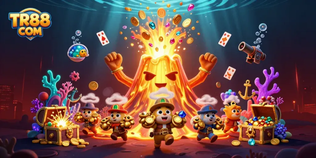 Win big with TR88 COM as vibrant treasures burst from a golden volcano in this captivating scene.