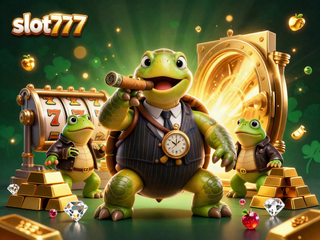 Experience the excitement of slot777 as the turtle and bullfrogs celebrate winning big in this rich casino scene.