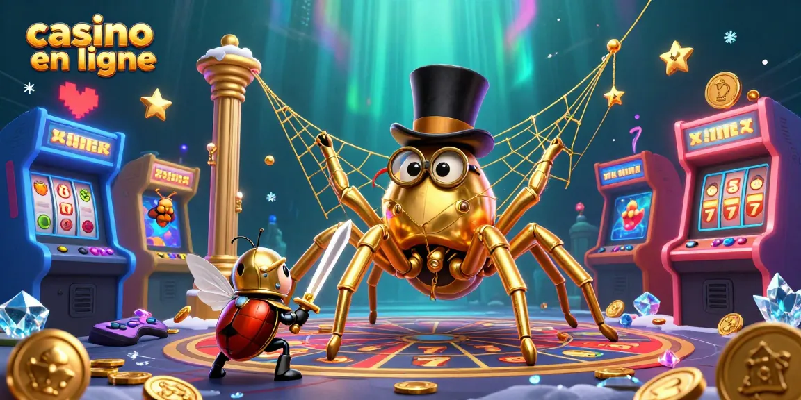 Jouer à casino en ligne sur une scène fantastique avec une tarentule d'or, un chevalier scarabée, et des machines de jeux.