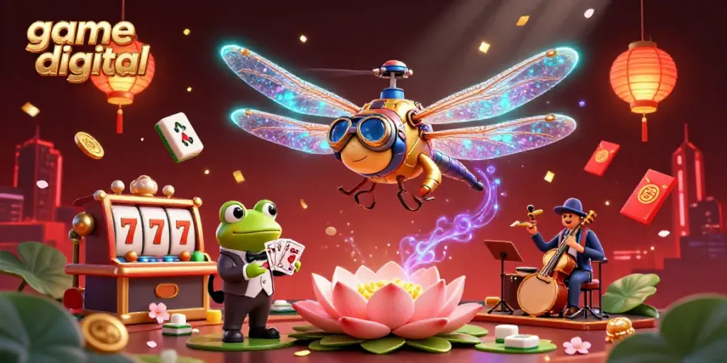 Engage in a vibrant game digital experience with a dragonfly pilot and frog dealer at a lily pad casino.