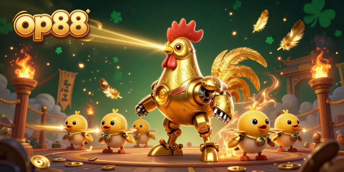 Experience thrilling bets at op88 featuring a golden rooster robot and baby chick drones in an exciting gambling arena.