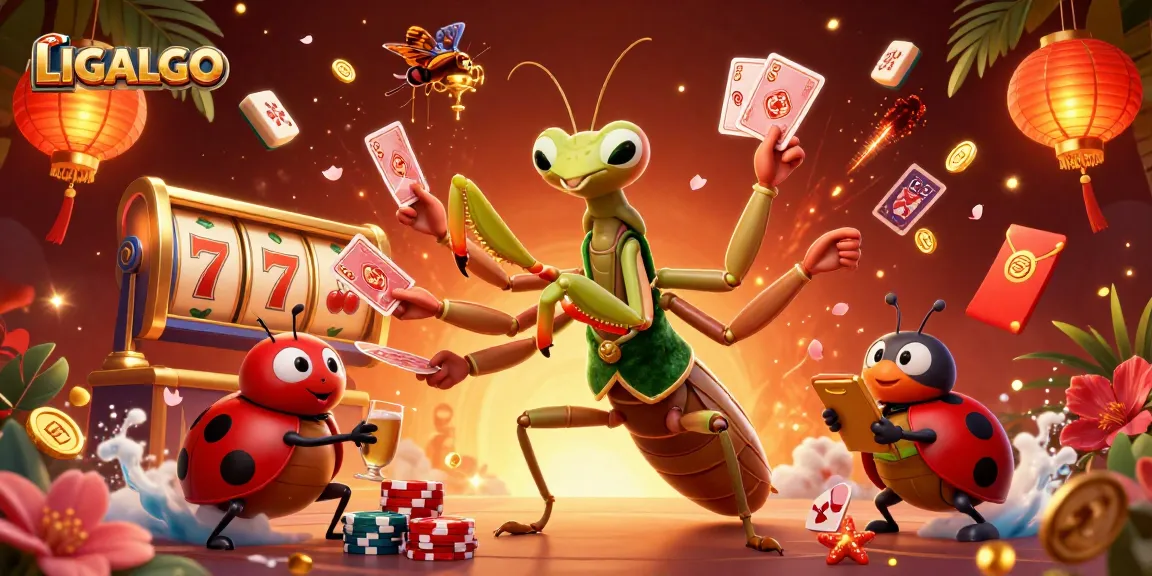 LIGALGO showcases a vibrant slot game scene with a unique praying mantis card shark and ladybug pit boss.
