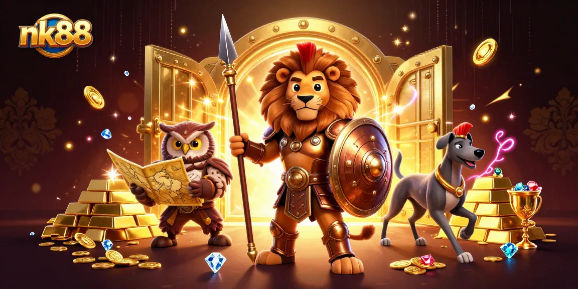 Claim massive rewards with nk88 at the ultimate online casino, featuring a Spartan lion and treasure elements.