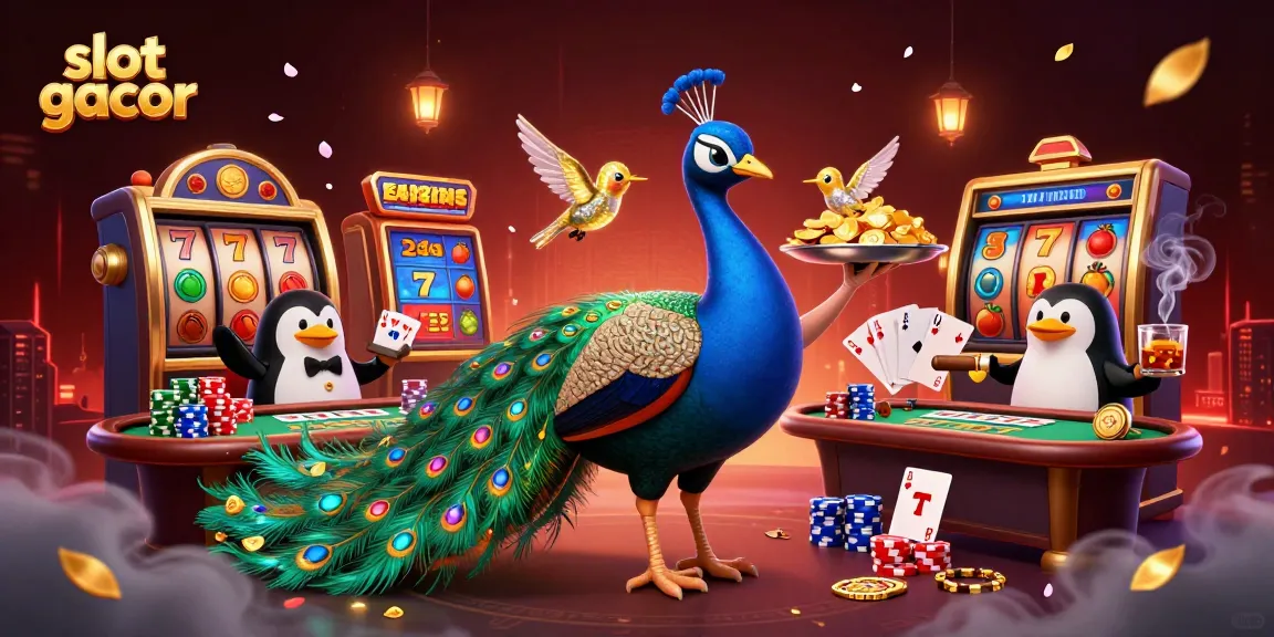 Spin winning slot gacor reels featuring a peacock, a butler, and a hummingbird in a lively casino.